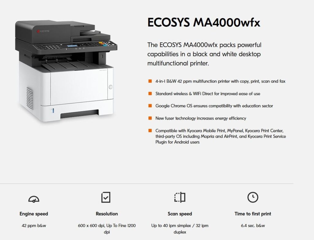 Kyocera ECOSYS MA4000wfx Multifunction Printer Monochrome 110C1C2US0